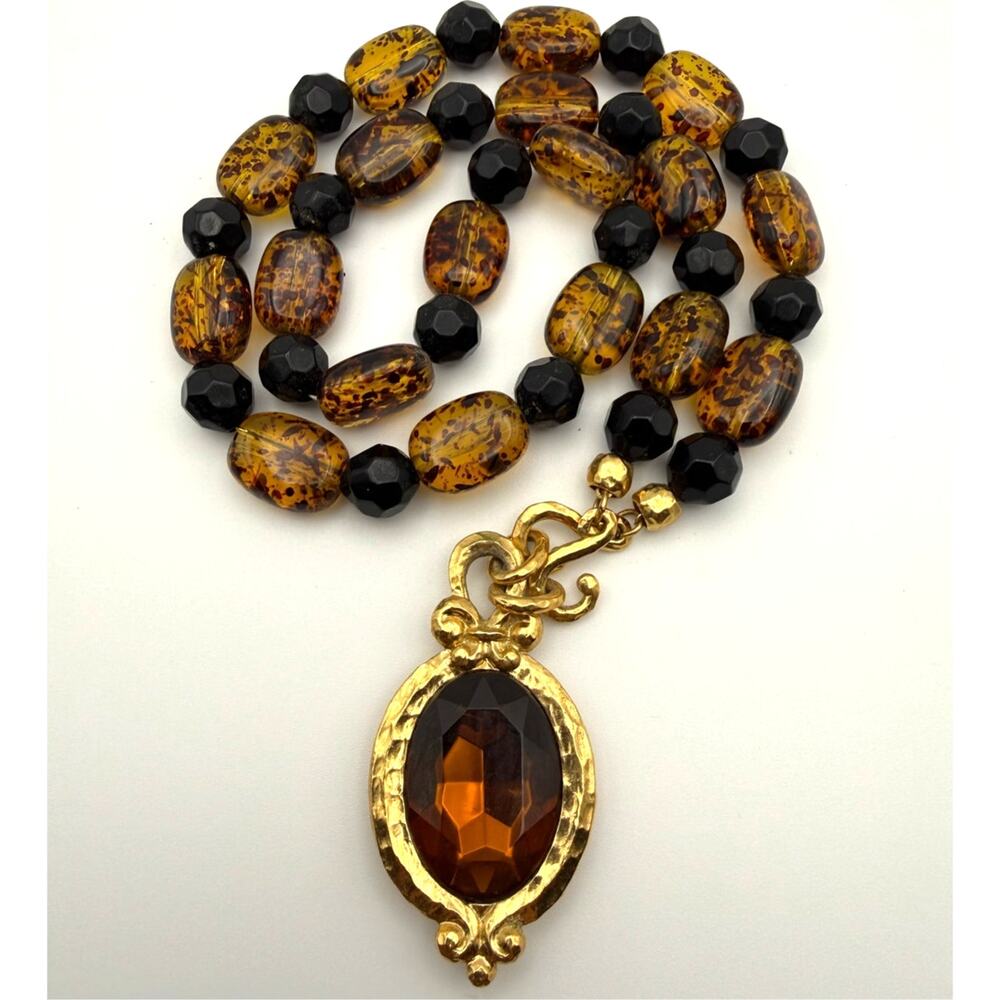 Vintage Faux Amber Bead Necklace w/ Hammered Pendant | Boho Statement Piece